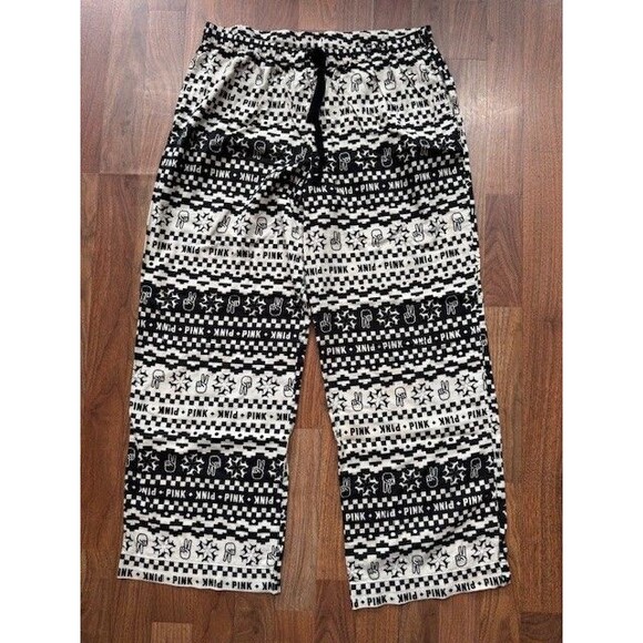 Victorias‎ Secret Pink Womens Pajama Pants XL Black White Peace Sign Fingers - Picture 1 of 6